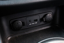  Power Outlet 12V, USB, AUX And Other Buttons. Modern Car Interior. 12v Power Socket And USB Port Inside Car Interior