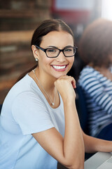 Fototapete - Portrait, woman and smile in workplace for startup, project and internship in company office. Female employee, happy and planning for design, strategy and creative collaboration for development.