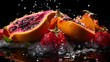 AI generated illustration of dragon fruit and papaya in waterdrops on a dark background
