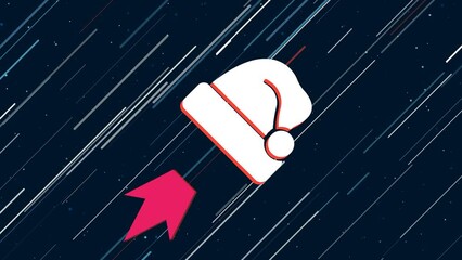 Wall Mural - Santa claus hat symbol flies through the universe on a jet propulsion. The symbol in the center is shaking due to high speed. Seamless looped 4k animation on dark blue background with stars