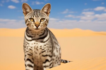 Wall Mural - Striped cat on a desert dune, AI-generated.