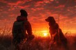 a dog and its handler are silhouetted against the sunset
