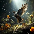 AI generated illustration of A vibrant bird in flight under the  light with a blurry background