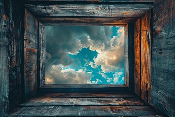 Canvas Print - Wooden window square framed against a skyline cloud backdrop, blending the natural and urban in a style.