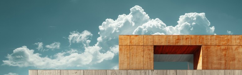 Wall Mural - Wooden window square framed against a skyline cloud backdrop, blending the natural and urban in a style.