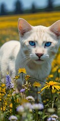 Wall Mural - an adorable cat standing in a field of flowers with blue eyes