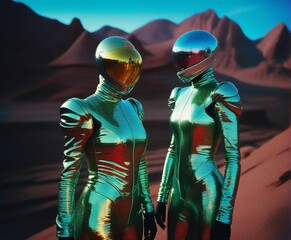 AI-generated illustration of two astronauts with bright chrome green, tight space suits