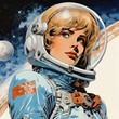 © Wirestock - AI generated illustration of a vintage poster of a female astronaut in a full space suit in space