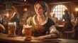 AI generated illustration of a young woman drinking beer in a medieval pub