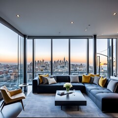 beautiful modern living room design by a architect in a apartment with view on the city