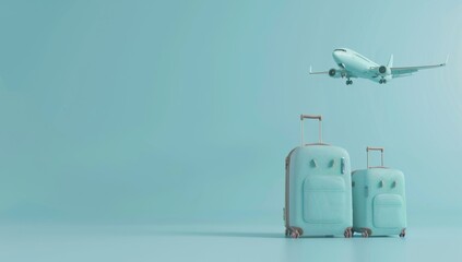 Wall Mural - A blue suitcase with a pink and white airplane on top of it, 3D render of travel elements suitcase and hat, camera with map background, plane flying in the sky.