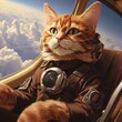 AI generated illustration of a ginger cat as a pilot, peering out from the cockpit of a glider