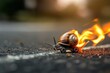 Creative image showcasing a snail with tiny wheels and trailing flames, evoking speed