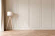 Light beige classic interior wall mockup with floor lamp, wood floor, 3d illustration.