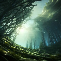 Poster - AI generated illustration of a tranquil lake surrounded by lush evergreen trees in a dark