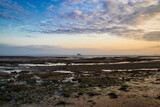 Fototapeta Dmuchawce - Landscape view of a sunrise over the beach at low tide against a clouded sky
