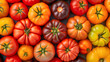 Background of ripe tomatoes, various species, top view.