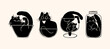 Set of silhouette cats in various glass forms. Vector illustration.