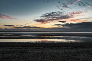 Scenic view of a seascape with a beautiful sunset in the background