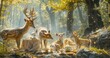 A tranquil forest clearing sees a group of deer attempting a sophisticated tea party. Animal fairy tale. 