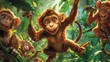 In a lively jungle scene, a clumsy monkey tries to swing from vine to vine. Fairy tale illustration. 
