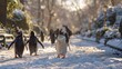 On a sunny park day, penguins try to have a picnic but keep slipping on their own icy trails. Fairy tale illustration. 