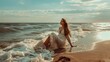 Happy positive modest woman with long hair in long dress sitting on sea coast at the beach Filling breeze Holiday