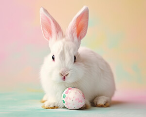 Wall Mural - AI generated illustration of a white bunny sits near an egg on a blue table