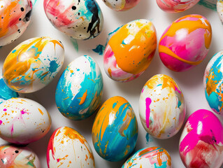 Wall Mural - AI generated illustration of vibrant Easter eggs with paint splatters on white background