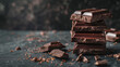 Stacked dark chocolate bars on a dark slate background, creating a luxurious tableau that highlights the chocolate's velvety texture and deep brown hues, with expert lighting casting a soft glow 