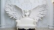 AI generated illustration of an elegant white living room with a white eagle sculpture on the wall