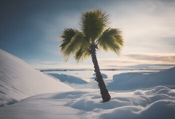 Wall Mural - AI generated illustration of a palm tree covered in snow under a blue sky with clouds