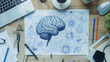 Double exposure of brain drawing hologram over topview work table background with computer. Concept of big data, work space with computer and human brain drawing hologram. Brainstorm concept

