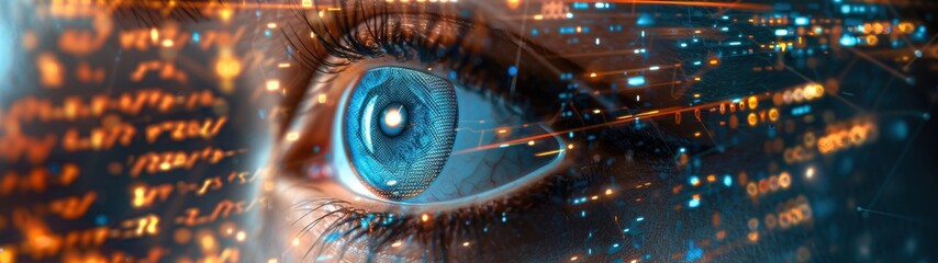 AI technology concept. Close-up of a beautiful woman's eyes on an abstract background depicting electronic circuits. Banner.