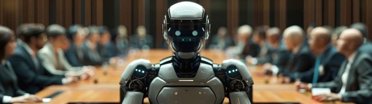 concept ai technologies. a humanoid robot sits at the head of the table at a business meeting. banne