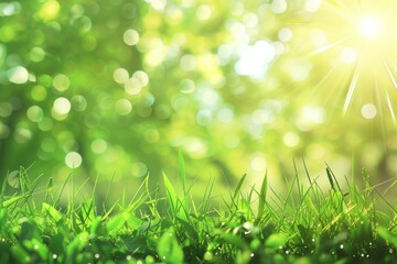 Wall Mural - Summer background with green grass with drops of dew and sun rays, bokeh. Blurred background. Copy space.