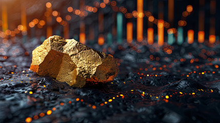 Pure gold ore found in mine on black background with gold price chart 