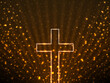 Glowing christian cross on background glitter particles and glowing rays. Religious symbol. Magic backdrop