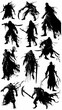 several silhouettes of people with long hair and armors