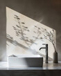 elegant bathroom with sik and faucet, botanical shadows, minimal, luxury