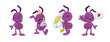 Cartoon ant character isolated vector. Cute and funny insect clipart. Purple bug holding cake, celebrate birthday and smile. Childish termite mascot walking with chamomile flower and show stop gesture