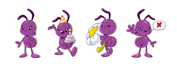 Cartoon ant character isolated vector. Cute and funny insect clipart. Purple bug holding cake, celebrate birthday and smile. Childish termite mascot walking with chamomile flower and show stop gesture