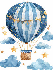 Wall Mural - A blue and white hot air balloon floats amidst clouds and stars in the sky