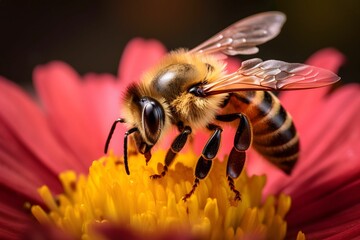 Wall Mural - AI generated illustration of a bee perched atop a brightly colored flower