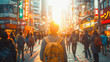 Person with a backpack standing amidst a bustling city street at sunset with neon signs and onlookers.