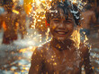 On April 13th celebration of Songkran Festival or Thai New Year captured the happiness of girls smiling and standing joyfully splashing water and playing together.
