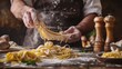 the traditional process of handcrafting pasta in a rustic Italian kitchen setting