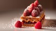 a French dessert, Mille-feuille with flaky pastry layers and smooth cream filling, raspberries.
