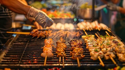 Thai street food market at night, emphasizing the cooking action of street vendors