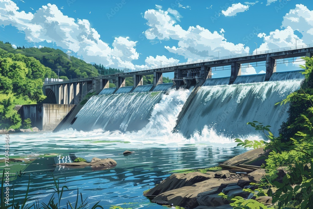 Illustration of a majestic dam generating hydropower, Lush greenery ...